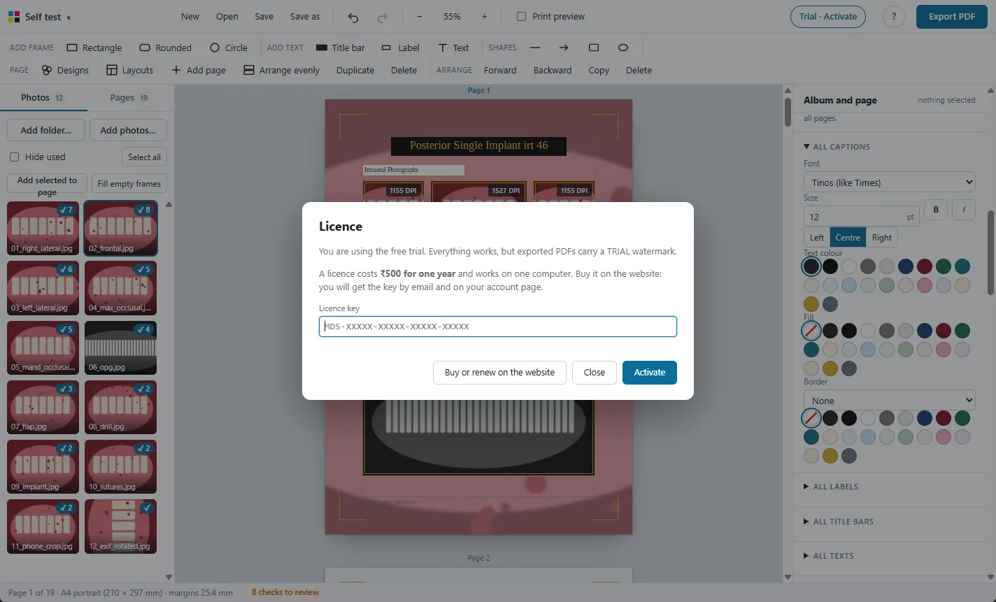 The Licence window with a box for the licence key and an Activate button