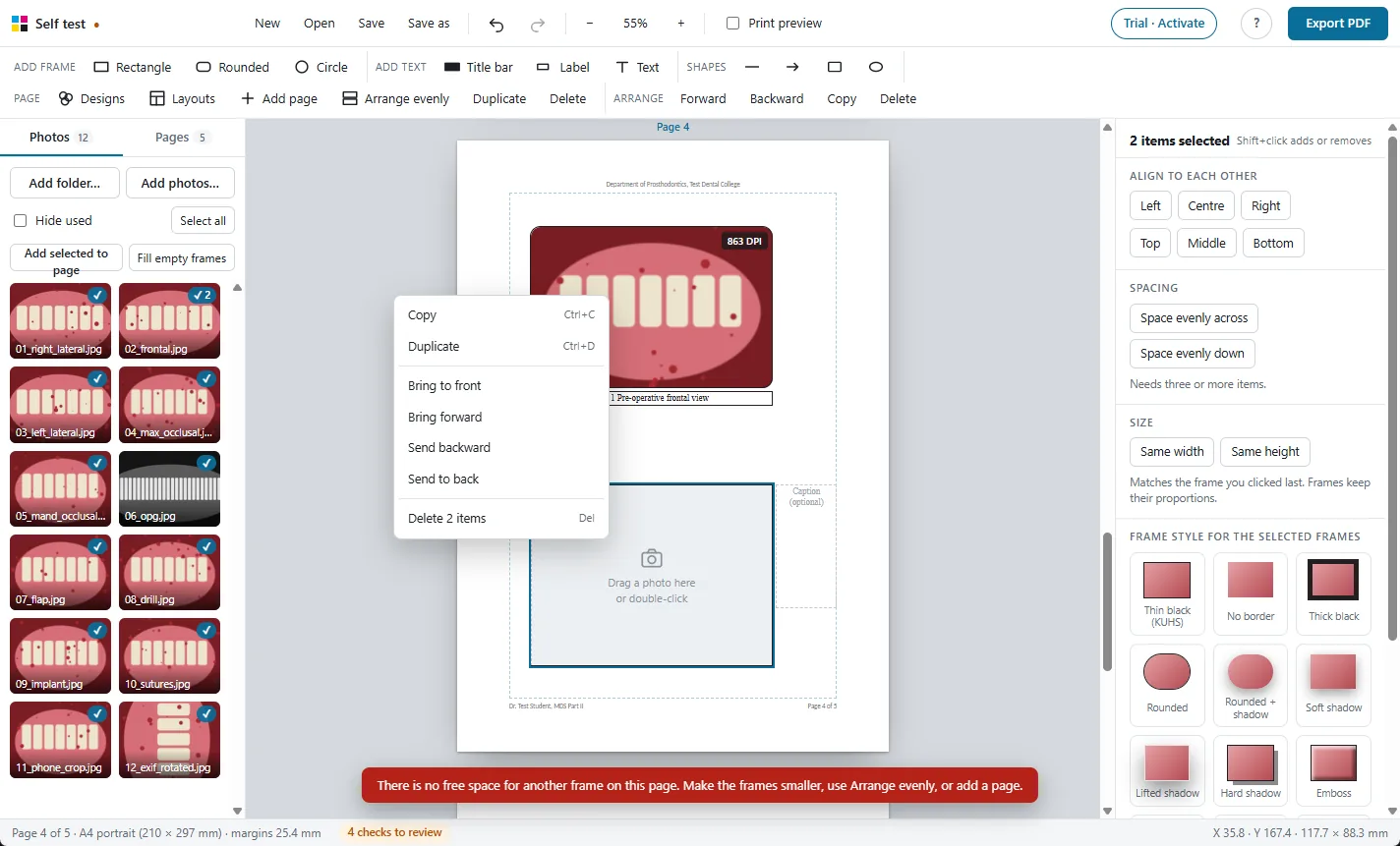 Two frames selected with the right-click menu