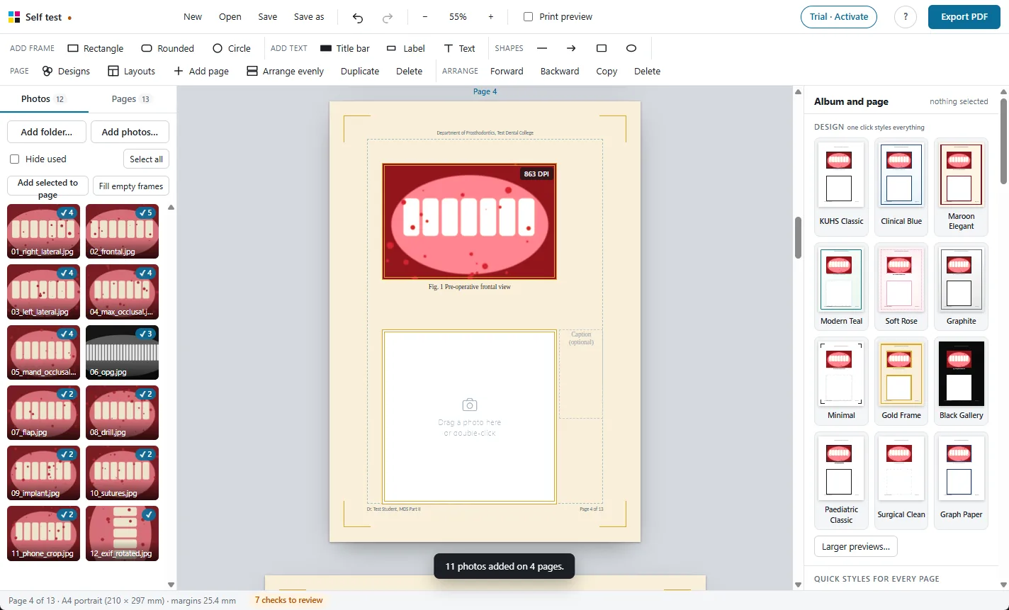 Pages stacked one below another in the editor, with the side panel showing designs