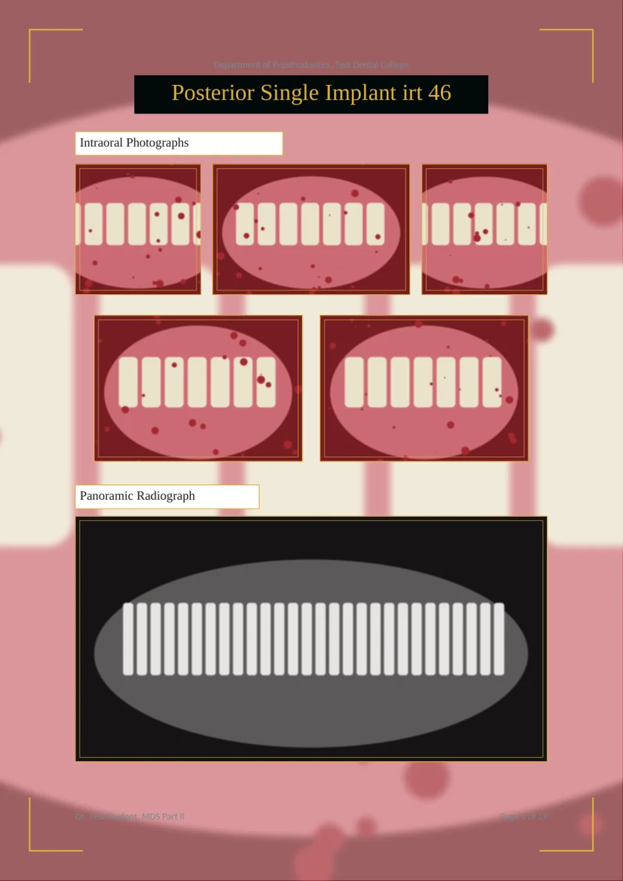 A page of the exported PDF: title bar, labelled intraoral photographs and a panoramic radiograph